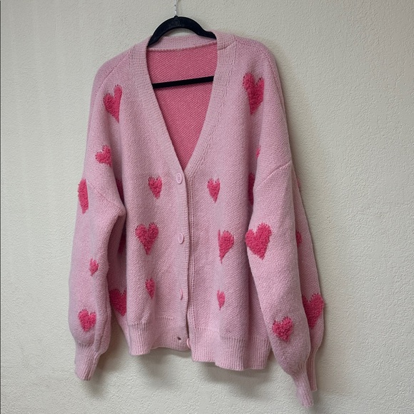 Boho womans Valentine’s Pink Heart Patterned cardigan Sweater size XL - Picture 2 of 4